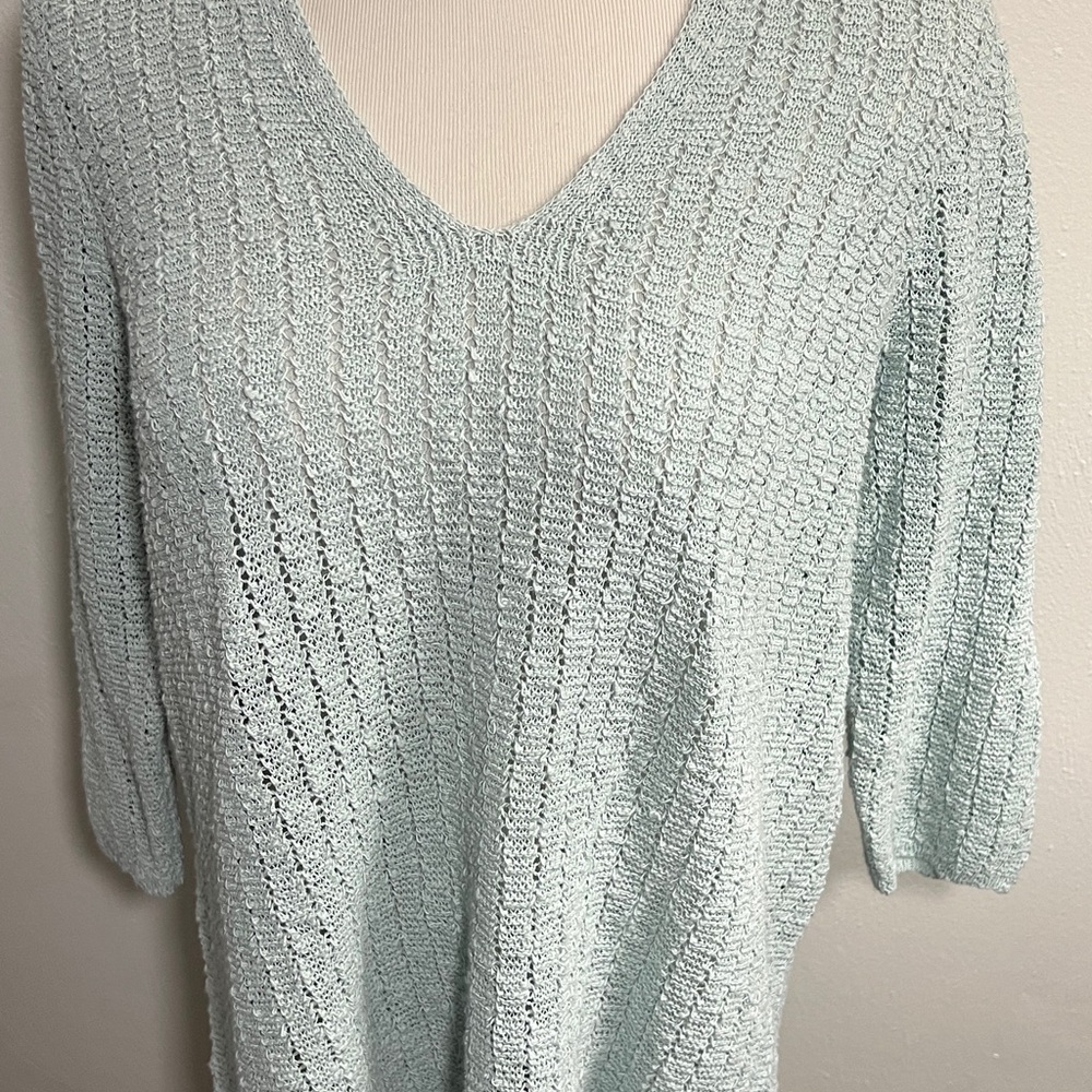 J Jill Sweater Womens‎ XL Crochet Open Knit V-Neck Agean Mist Coastal A5